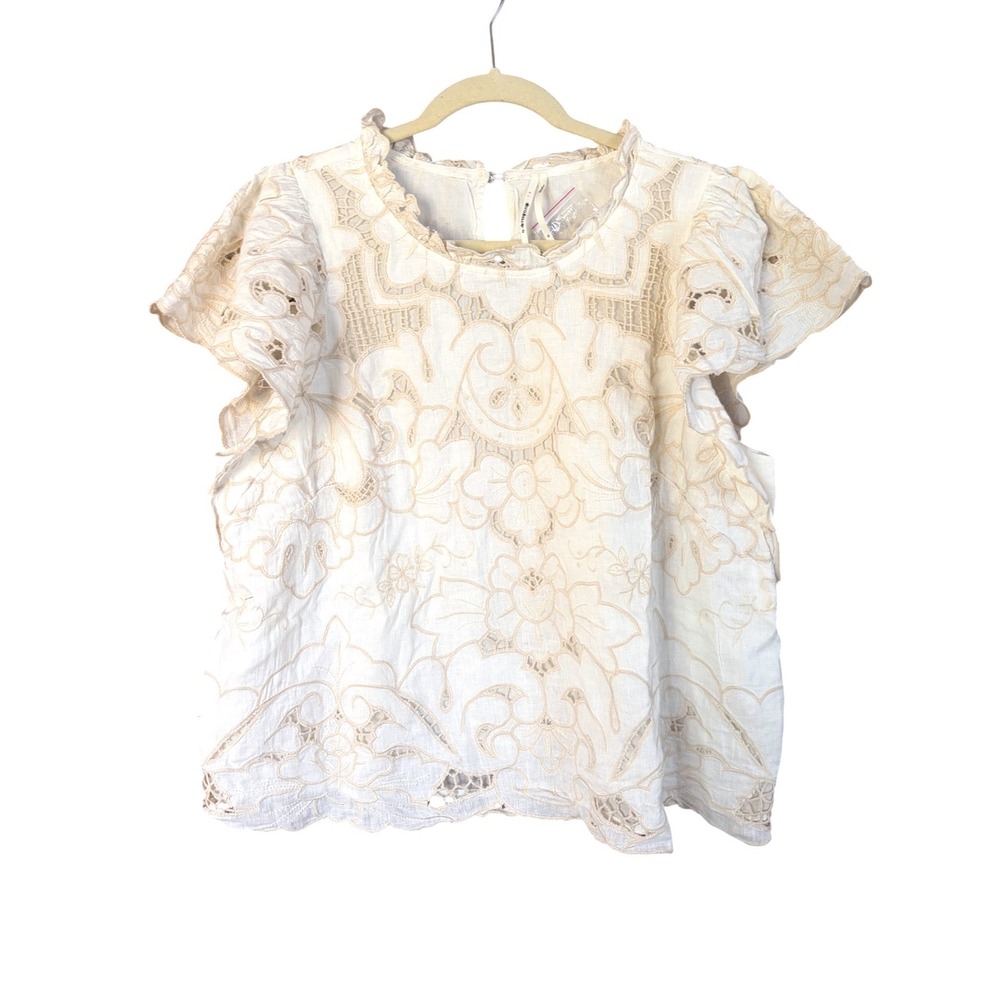 Anthropologie Lainie Blouse White Lace Cutwork Flutter‎ Sleeve Linen Top XL NWT - Picture 9 of 16